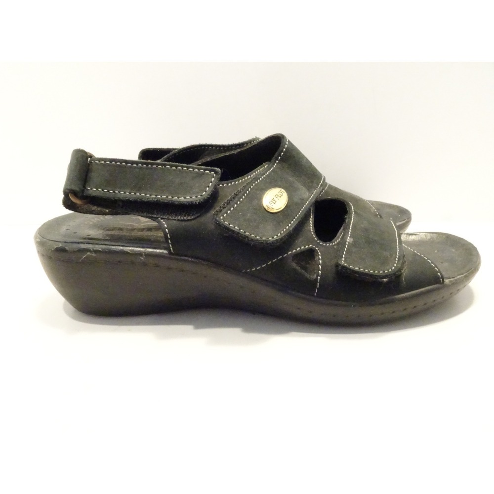 Fly Flot Womens Black Leather Comfort Wedge Sandals Adjustable Straps Size 36